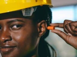 Construction worker putting in earplug to protect her hearing.